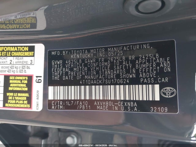 45943741 :رقم المزاد ، 4T1DAACK7SU170624 vin ، 2025 Toyota Camry Le مزاد بيع