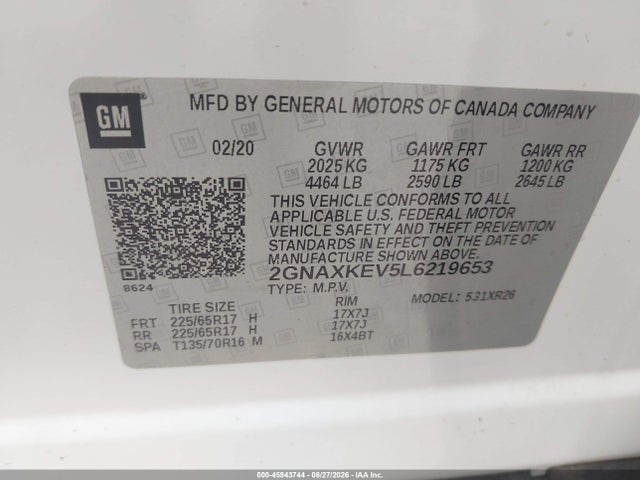 45943744 :رقم المزاد ، 2GNAXKEV5L6219653 vin ، 2020 Chevrolet Equinox Fwd Lt 1.5l Turbo مزاد بيع