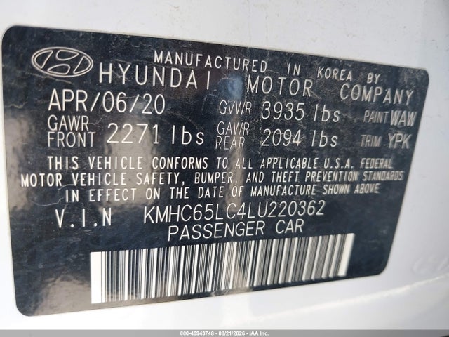 Aukcja sprzedaży 2020 Hyundai Ioniq Hybrid Blue, vin: KMHC65LC4LU220362, numer aukcji: 45943748