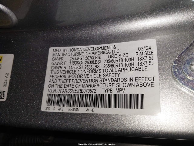 Aukcja sprzedaży 2024 Honda Cr-v Hybrid Sport, vin: 7FARS6H59RE070572, numer aukcji: 45943749