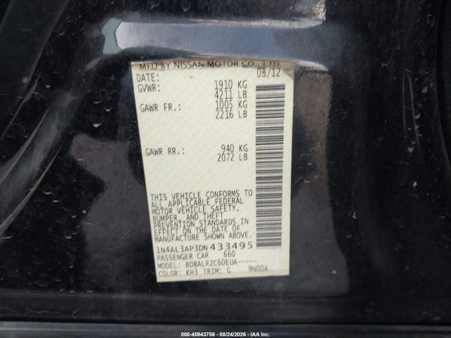 45943756 :رقم المزاد ، 1N4AL3AP3DN433495 vin ، 2013 Nissan Altima 2.5 S مزاد بيع