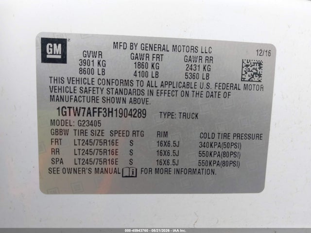 Продаж на аукціоні авто 2017 Gmc Savana 2500 Work Van, vin: 1GTW7AFF3H1904289, номер лоту: 45943760