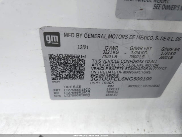 45943762 :رقم المزاد ، 3GTUUFEL6NG500100 vin ، 2022 Gmc Sierra 1500 4wd  Short Box At4x مزاد بيع