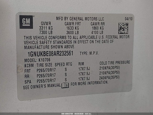 45943769 :رقم المزاد ، 1GNUKBE08AR232561 vin ، 2010 Chevrolet Tahoe Lt مزاد بيع
