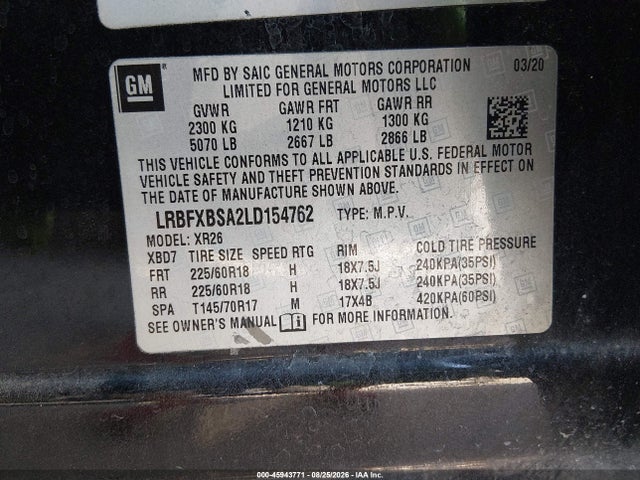 Aukcja sprzedaży 2020 Buick Envision Fwd Preferred, vin: LRBFXBSA2LD154762, numer aukcji: 45943771