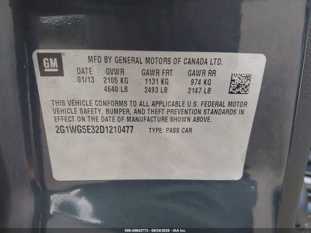 Aukcja sprzedaży 2013 Chevrolet Impala Lt, vin: 2G1WG5E32D1210477, numer aukcji: 45943773