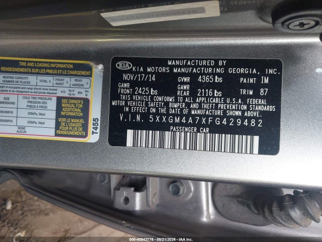 2015 Kia Optima Lx მანქანა იყიდება აუქციონზე, vin: 5XXGM4A7XFG429482, აუქციონის ნომერი: 45943776