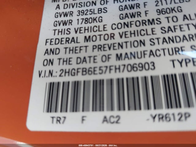 Продаж на аукціоні авто 2015 Honda Civic Si, vin: 2HGFB6E57FH706903, номер лоту: 45943781