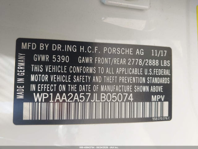 45943784 :رقم المزاد ، WP1AA2A57JLB05074 vin ، 2018 Porsche Macan مزاد بيع