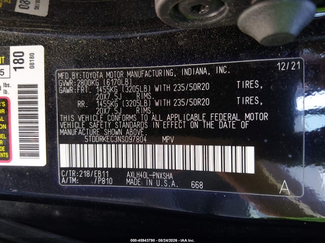 Aukcja sprzedaży 2022 Toyota Sienna Xse, vin: 5TDDRKEC3NS097804, numer aukcji: 45943790
