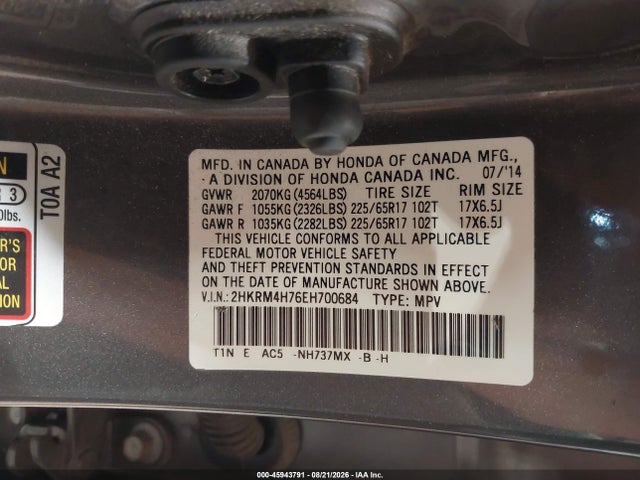 45943791 :رقم المزاد ، 2HKRM4H76EH700684 vin ، 2014 Honda Cr-v Ex-l مزاد بيع