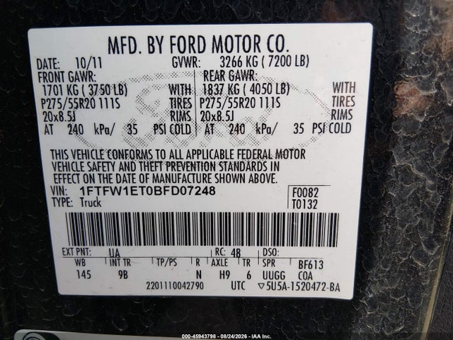 Aukcja sprzedaży 2011 Ford F-150 Platinum, vin: 1FTFW1ET0BFD07248, numer aukcji: 45943798