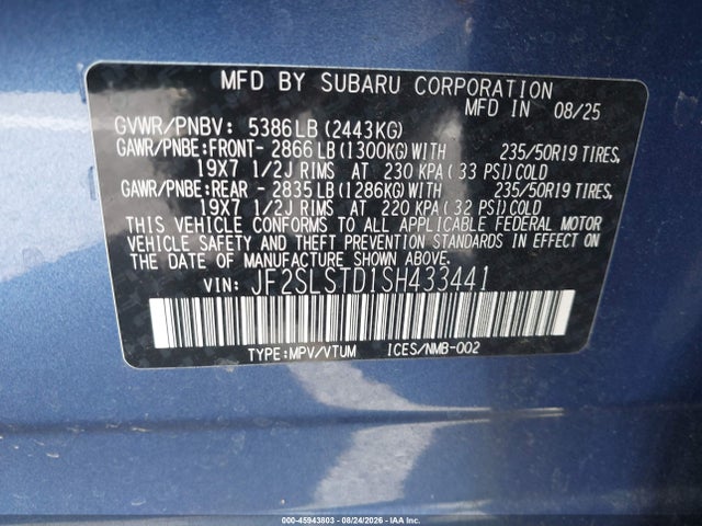45943803 :رقم المزاد ، JF2SLSTD1SH433441 vin ، 2025 Subaru Forester Touring Hybrid مزاد بيع