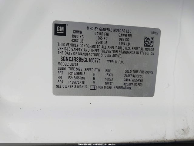 Aukcja sprzedaży 2016 Chevrolet Trax Ltz, vin: 3GNCJRSB5GL165771, numer aukcji: 45943822