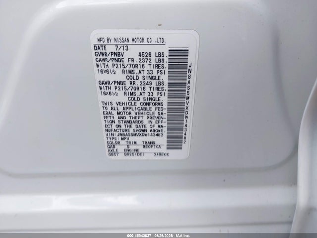 Aukcja sprzedaży 2013 Nissan Rogue S, vin: JN8AS5MVXDW143482, numer aukcji: 45943837