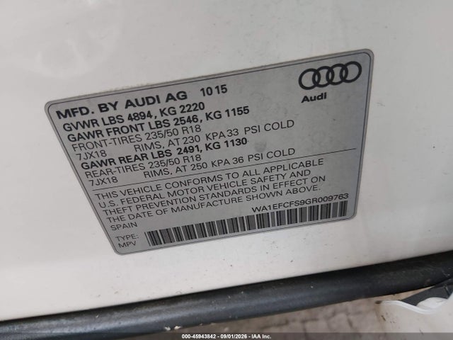Продажа на аукционе авто 2016 Audi Q3 2.0t Premium Plus, vin: WA1EFCFS9GR009763, номер лота: 45943842