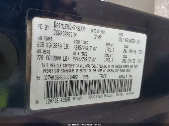 Продаж на аукціоні авто 2003 Dodge Ram 1500 Slt/laramie/st, vin: 1D7HA18N83S229482, номер лоту: 45943843