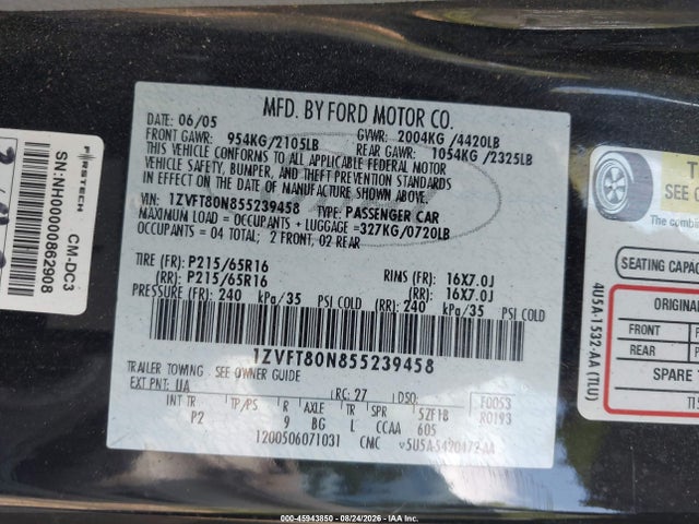Auction sale of the 2005 Ford Mustang V6 Deluxe/v6 Premium, vin: 1ZVFT80N855239458, lot number: 45943850