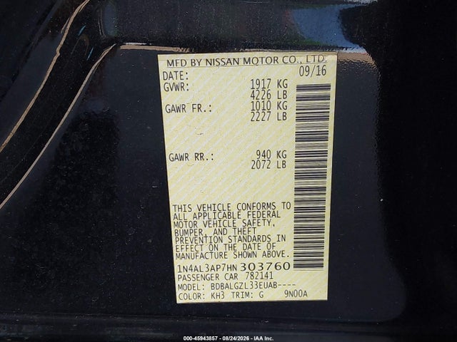 Aukcja sprzedaży 2017 Nissan Altima 2.5/2.5 S/2.5 Sl/2.5 Sr/2.5 Sv, vin: 1N4AL3AP7HN303760, numer aukcji: 45943857
