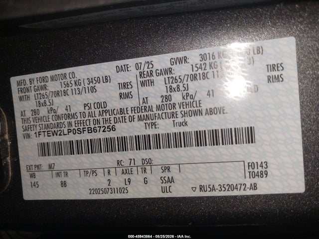 Продажа на аукционе авто 2025 Ford F-150 Stx, vin: 1FTEW2LP0SFB67256, номер лота: 45943864