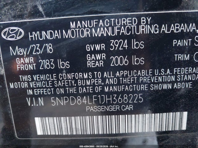 Auction sale of the 2018 Hyundai Elantra Value Edition, vin: 5NPD84LF1JH368225, lot number: 45943865