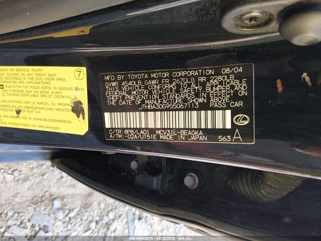 45943870 :رقم المزاد ، JTHBA30G955067113 vin ، 2005 Lexus Es 330 مزاد بيع