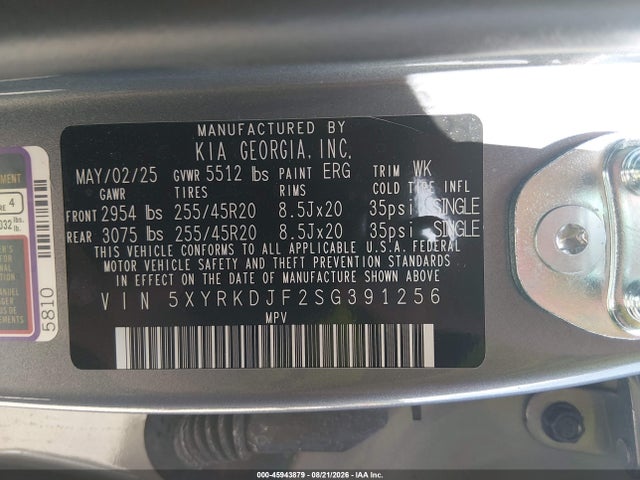 45943879 :رقم المزاد ، 5XYRKDJF2SG391256 vin ، 2025 Kia Sorento X-line Sx مزاد بيع