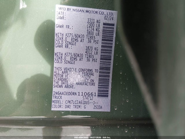 Aukcja sprzedaży 2024 Nissan Titan Sv 4x4, vin: 1N6AA1ED0RN110661, numer aukcji: 45943880