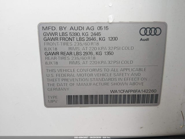 Aukcja sprzedaży 2015 Audi Q5 2.0t Premium, vin: WA1CFAFP6FA142260, numer aukcji: 45943887