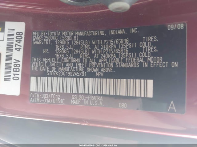 45943906 :رقم المزاد ، 5TDZK23C19S245791 vin ، 2009 Toyota Sienna Le مزاد بيع