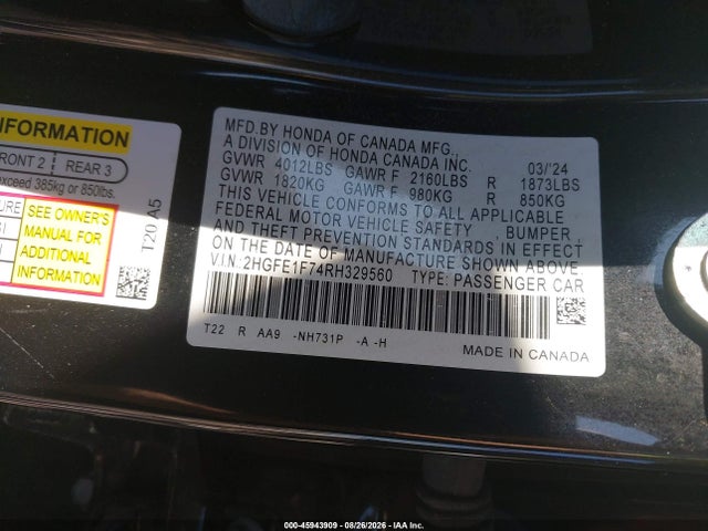Продаж на аукціоні авто 2024 Honda Civic Ex, vin: 2HGFE1F74RH329560, номер лоту: 45943909