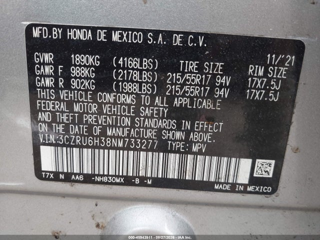 45943911 :رقم المزاد ، 3CZRU6H38NM733277 vin ، 2022 Honda Hr-v Awd Lx مزاد بيع