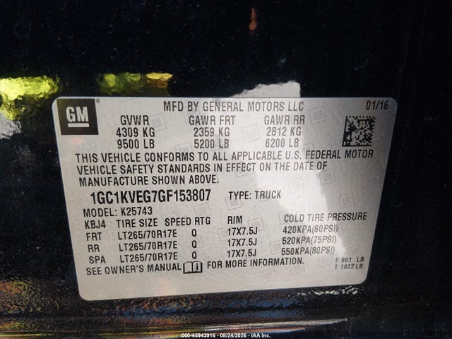 Продажа на аукционе авто 2016 Chevrolet Silverado 2500hd Lt, vin: 1GC1KVEG7GF153807, номер лота: 45943916
