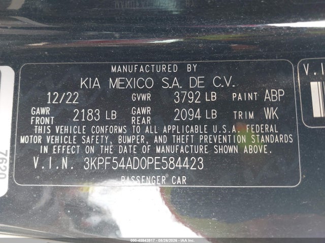 2023 Kia Forte Gt-line მანქანა იყიდება აუქციონზე, vin: 3KPF54AD0PE584423, აუქციონის ნომერი: 45943917