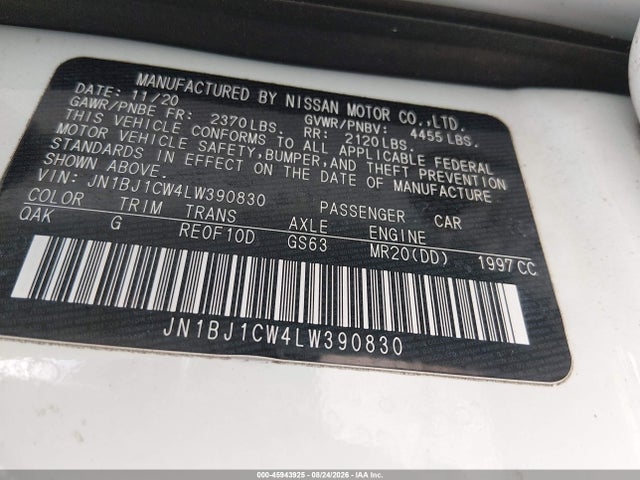 Aukcja sprzedaży 2020 Nissan Rogue Sport S Awd Xtronic Cvt, vin: JN1BJ1CW4LW390830, numer aukcji: 45943925