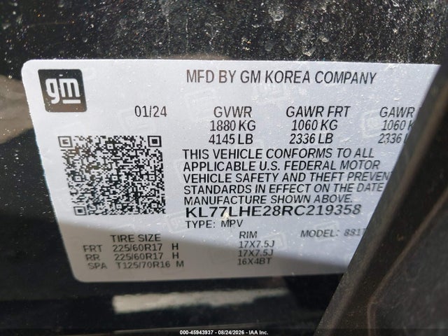 45943937 :رقم المزاد ، KL77LHE28RC219358 vin ، 2024 Chevrolet Trax Fwd Lt مزاد بيع