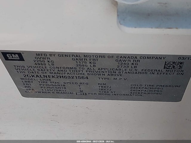 45943944 :رقم المزاد ، 2GKALNEK2H6321564 vin ، 2017 Gmc Terrain Sle-2 مزاد بيع