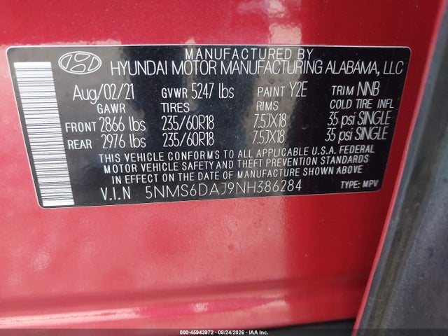 Продаж на аукціоні авто 2022 Hyundai Santa Fe Xrt, vin: 5NMS6DAJ9NH386284, номер лоту: 45943972