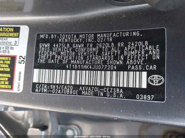 Toyota CAMRY SE 2018 4T1B11HK4JU077204 Image 9