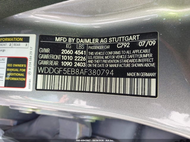 45943987 :رقم المزاد ، WDDGF5EB8AF380794 vin ، 2010 Mercedes-benz C 300 Luxury/sport مزاد بيع