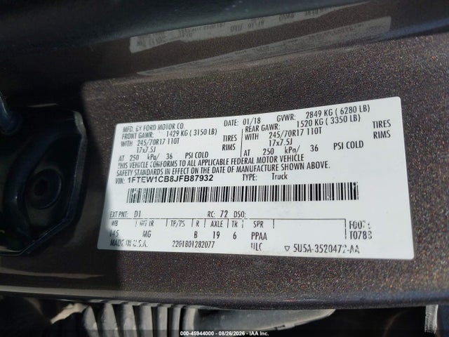 Aukcja sprzedaży 2018 Ford F-150 Xlt, vin: 1FTEW1CB8JFB87932, numer aukcji: 45944000