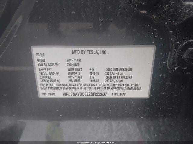 Aukcja sprzedaży 2025 Tesla Model Y Long Range Dual Motor All-wheel Drive, vin: 7SAYGDEE2SF222637, numer aukcji: 45944019
