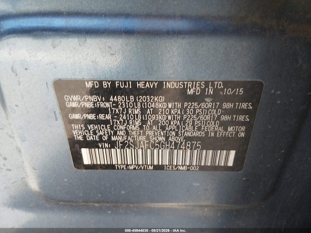 Aukcja sprzedaży 2016 Subaru Forester 2.5i Premium, vin: JF2SJAFC5GH474875, numer aukcji: 45944030
