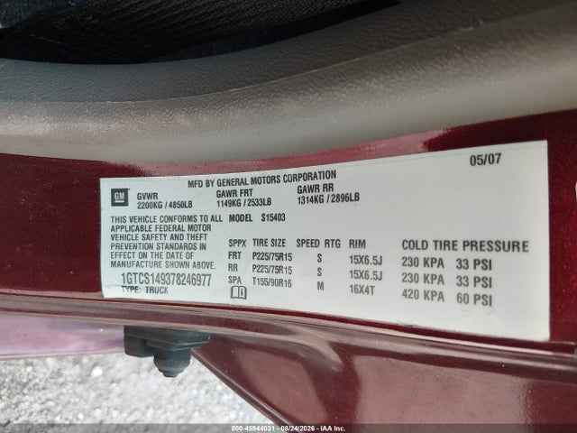 Aukcja sprzedaży 2007 Gmc Canyon Sl, vin: 1GTCS149378246977, numer aukcji: 45944031