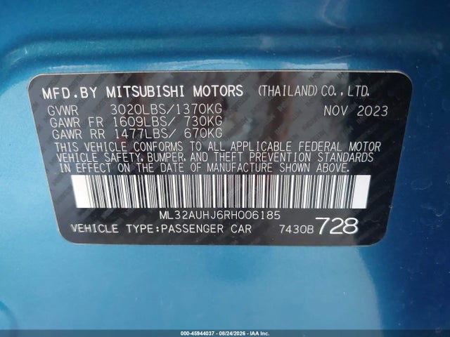Продажа на аукционе авто 2024 Mitsubishi Mirage Es/le, vin: ML32AUHJ6RH006185, номер лота: 45944037