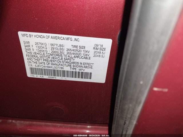 Aukcja sprzedaży 2019 Acura Mdx Advance Pkg, vin: 5J8YD4H84KL007786, numer aukcji: 45944046
