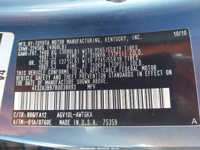 45944080 :رقم المزاد ، 4T3ZA3BB7BU038893 vin ، 2011 Toyota Venza مزاد بيع