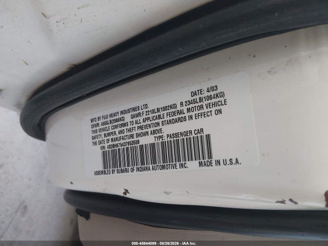 Продаж на аукціоні авто 2003 Subaru Outback, vin: 4S3BH675437653559, номер лоту: 45944099