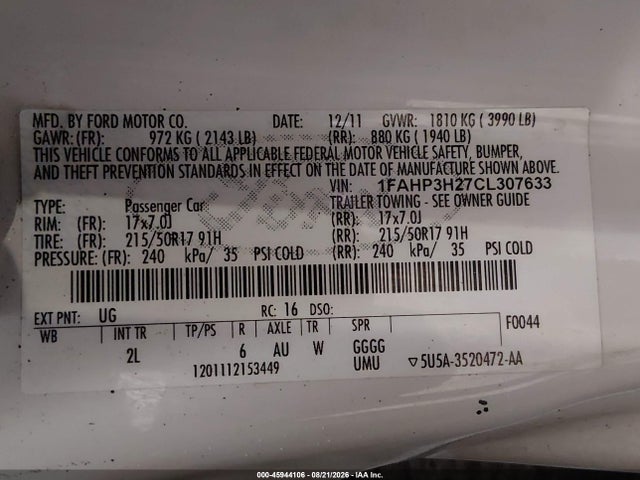 Auction sale of the 2012 Ford Focus Sel, vin: 1FAHP3H27CL307633, lot number: 45944106