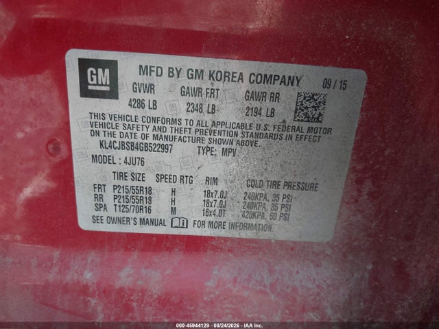 Aukcja sprzedaży 2016 Buick Encore Convenience, vin: KL4CJBSB4GB522997, numer aukcji: 45944129